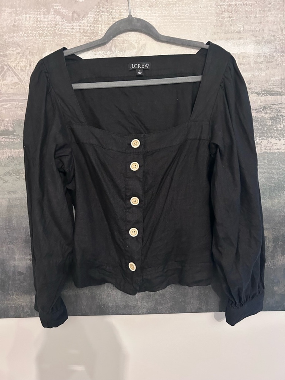 J. Crew Black Square-Neck Button Front Long Sleeve Top